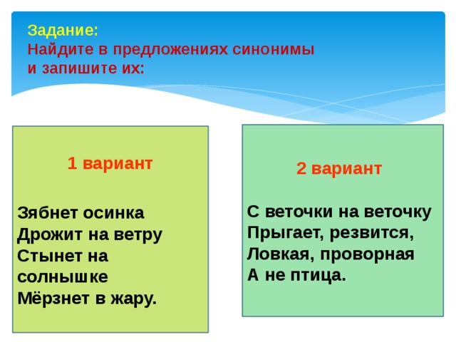Задание:  Найдите в предложениях синонимы  и запишите их:  2 вариант  С веточки на веточку   Прыгает, резвится,  Ловкая, проворная А не птица. 1 вариант  Зябнет осинка  Дрожит на ветру  Стынет на солнышке  Мёрзнет в жару.       