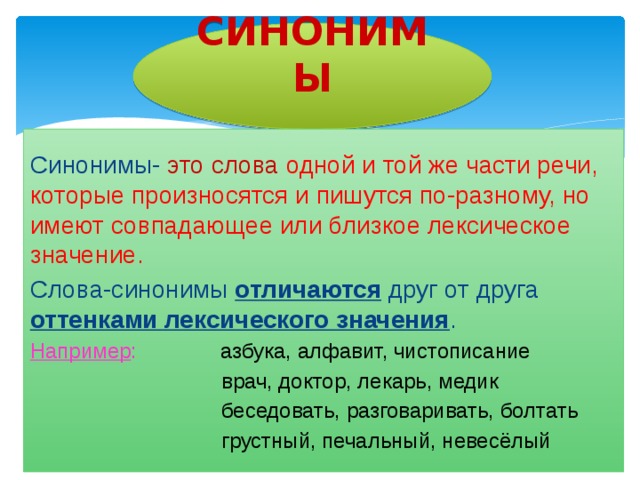 СИНОНИМЫ Синонимы- это слова одной и той же части речи, которые произносятся и пишутся по-разному, но имеют совпадающее или близкое лексическое значение. Слова-синонимы отличаются друг от друга оттенками лексического значения . Например : азбука, алфавит, чистописание  врач, доктор, лекарь, медик  беседовать, разговаривать, болтать  грустный, печальный, невесёлый 