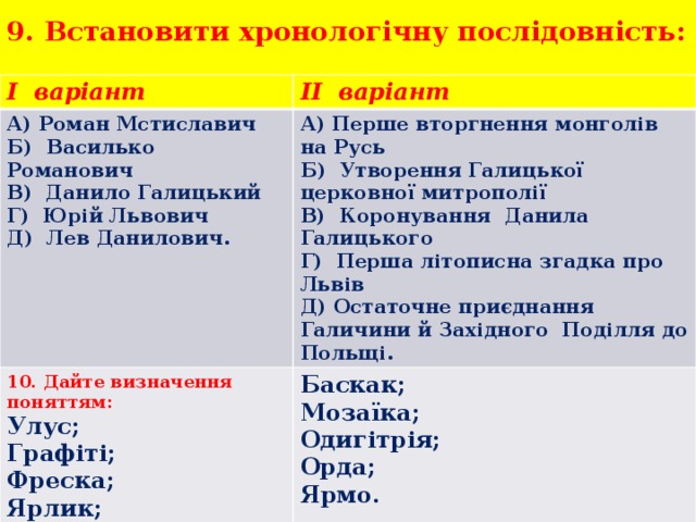 9. Встановити хронологічну послідовність:   I варіант II варіант А) Роман Мстиславич Б) Василько Романович А) Перше вторгнення монголів на Русь 10. Дайте визначення поняттям: В) Данило Галицький Б) Утворення Галицької церковної митрополії Баскак; Улус; Графіті; Г) Юрій Львович Мозаїка; В) Коронування Данила Галицького Одигітрія; Г) Перша літописна згадка про Львів Фреска; Д) Лев Данилович. Ярлик; Д) Остаточне приєднання Галичини й Західного Поділля до Польщі.  Орда; Золота Орда. Ярмо. 