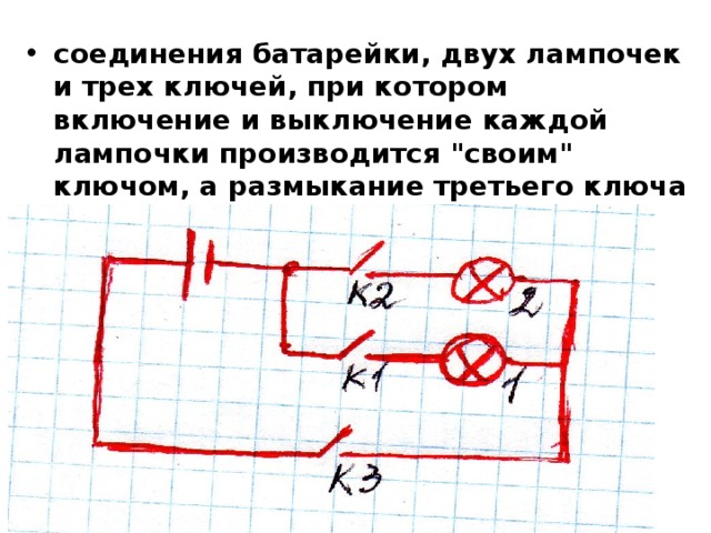 Нарисуйте схему соединения источника тока двух лампочек и двух ключей при которой включение и