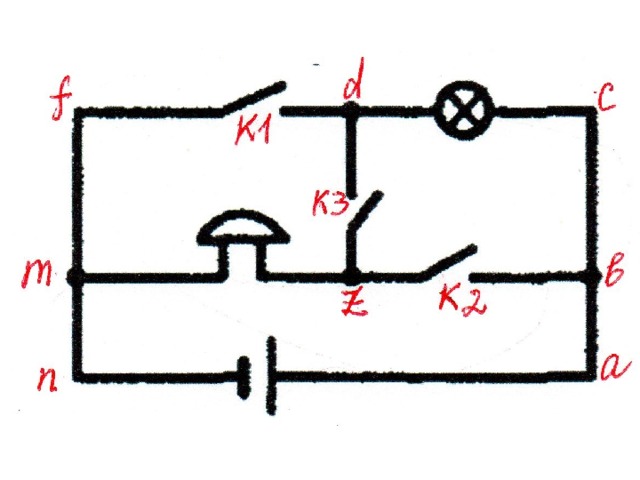 Нарисуйте схему соединения батарейки лампочки звонка и двух ключей лампочка включается всякий раз