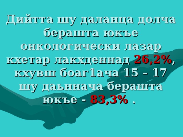 Дийтта шу даланца долча берашта юкъе онкологически лазар кхетар лакхденнад 26,2% , кхувш боаг1ача 15 – 17 шу даьннача берашта юкъе - 83,3% . 