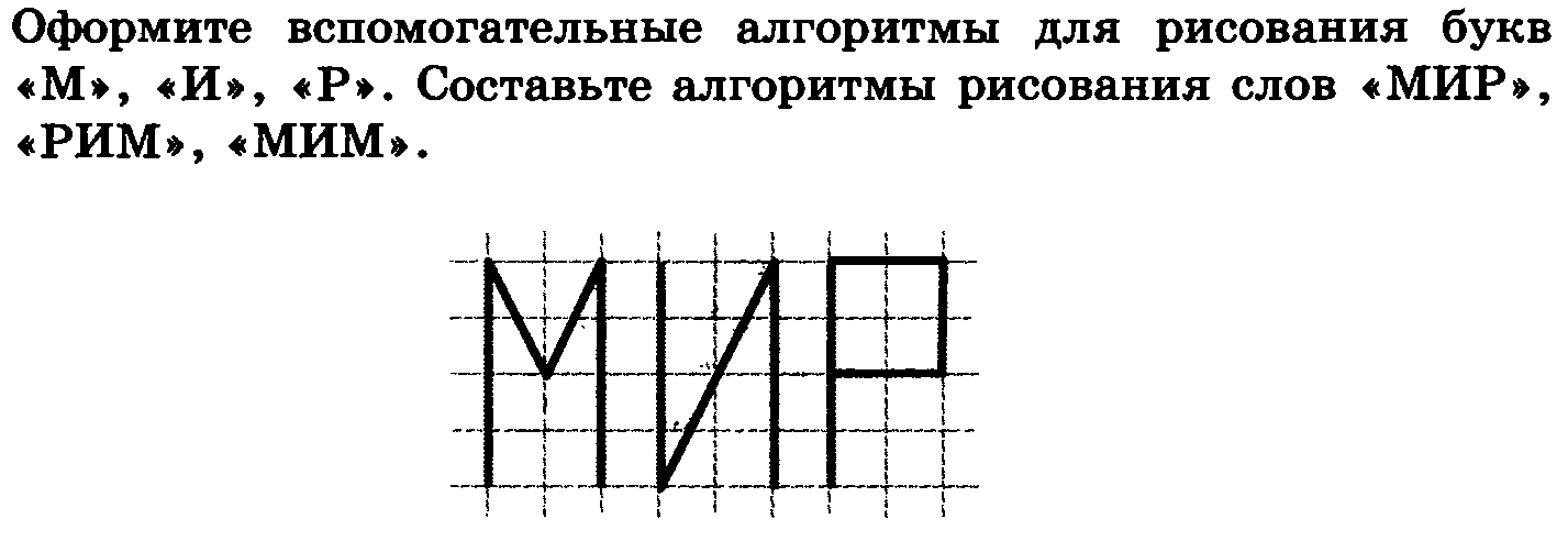 Алгоритм букв. Оформите вспомогательные алгоритмы для рисования букв м и р. Оформить вспомогательные алгоритмы для рисования букв мир. Оформите вспомогательные алгоритмы для рисования букв мир Рим Мим. Вспомогательный алгоритм буквы м.