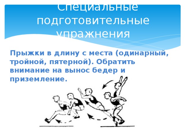  Специальные подготовительные упражнения Прыжки в длину с места (одинарный, тройной, пятерной). Обратить внимание на вынос бедер и приземление.  