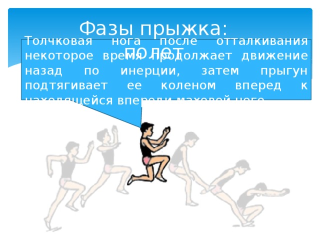 Фазы прыжка: полет Толчковая нога после отталкивания некоторое время продолжает движение назад по инерции, затем прыгун подтягивает ее коленом вперед к находящейся впереди маховой ноге. 