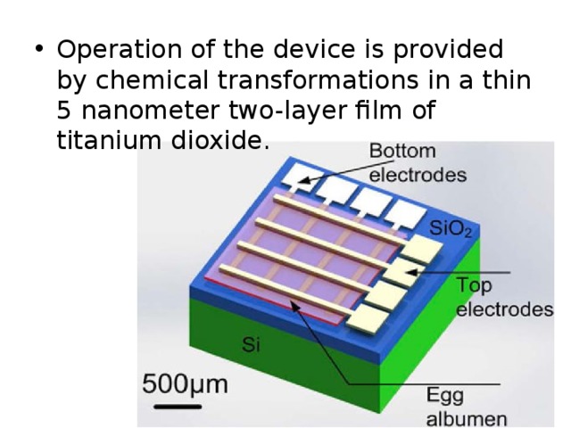 Operation of the device is provided by chemical transformations in a thin 5 nanometer two-layer film of titanium dioxide. 