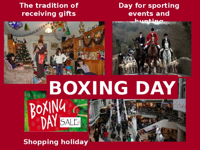Day for sporting events and hunting The tradition of receiving gifts BOXING DAY Shopping holiday 