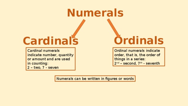Numerals Ordinals Cardinals Cardinal numerals indicate number, quantity or amount and are used in counting: 2 – two, 7 - seven Ordinal numerals indicate order, that is, the order of things in a series: 2 nd – second, 7 th - seventh  Numerals can be written in figures or words 