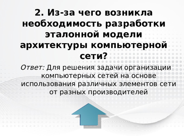 2. Из-за чего возникла необходимость разработки эталонной модели архитектуры компьютерной сети? Ответ: Для решения задачи организации компьютерных сетей на основе использования различных элементов сети от разных производителей 