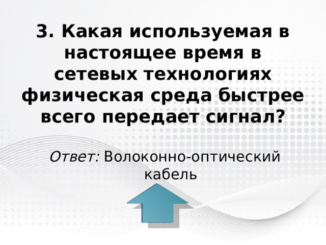 3. Какая используемая в настоящее время в сетевых технологиях физическая среда быстрее всего передает сигнал? Ответ: Волоконно-оптический кабель 