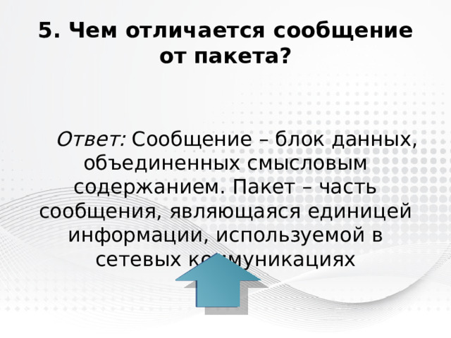 5. Чем отличается сообщение от пакета? Ответ: Сообщение – блок данных, объединенных смысловым содержанием. Пакет – часть сообщения, являющаяся единицей информации, используемой в сетевых коммуникациях 