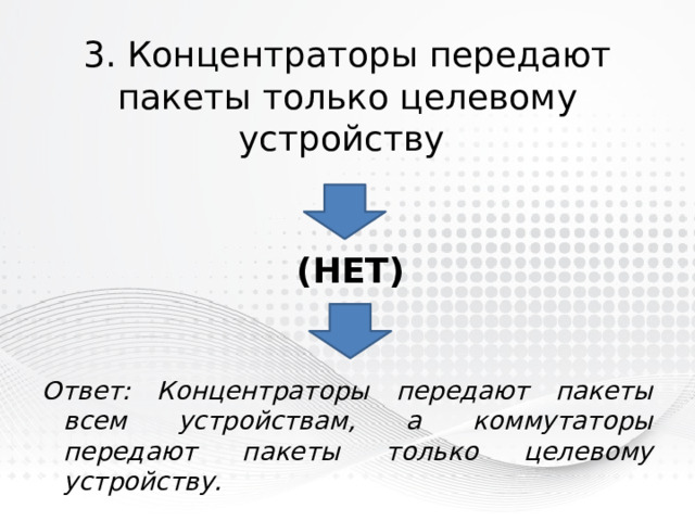 3. Концентраторы передают пакеты только целевому устройству  (нет) Ответ: Концентраторы передают пакеты всем устройствам, а коммутаторы передают пакеты только целевому устройству. 