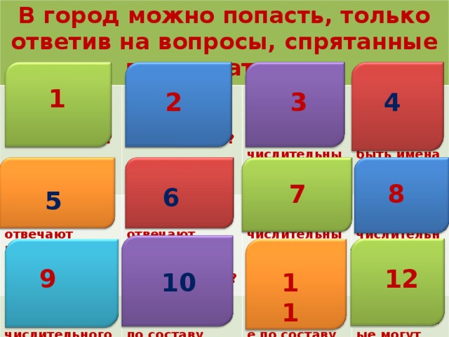 В город можно попасть, только ответив на вопросы, спрятанные в квадратиках. Что обозначает имя числительное? На какие вопросы отвечает имя числительное? На какой вопрос отвечают количественные имена числительные? На какие группы делятся имена числительные? На какие вопросы отвечают порядковые имена числительные? Определите разряд числительного Какими членами предложения могут быть имена числительные? Какие бывают числительные по составу? двенадцатое. Какое числительное по составу  десять? Определите разряд числительного Какое числительное по составу Только ли числительные могут иметь числовые значения? Семьсот двадцать семь? пятьдесят. 1 4 3 2 7 8 6 5 9 12 10 11 