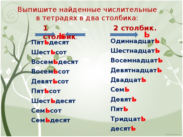 Выпишите найденные числительные в тетрадях в два столбика: 1 столбик . 2 столбик. Ь Ь Одиннадцат ь Шестнадцат ь Восемнадцат ь Девятнадцат ь Двадцат ь Сем ь Девят ь Пят ь Тридцат ь десят ь Пят ь десят Шест ь сот Восем ь десят Восем ь сот Девят ь сот Пят ь сот Шест ь десят Сем ь сот Сем ь десят  