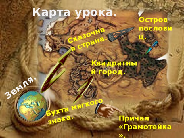 Сказочная страна. Бухта мягкого знака. Земля. Карта урока. Остров пословиц. Квадратный город. Причал «Грамотейка». 