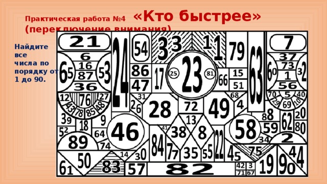 Практическая работа №4 «Кто быстрее» (переключение внимания) Найдите все числа по порядку от 1 до 90. 