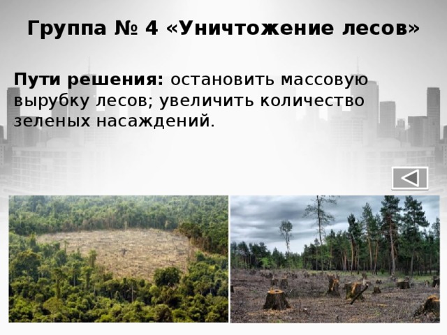 Группа № 4 «Уничтожение лесов» Пути решения: остановить массовую вырубку лесов; увеличить количество зеленых насаждений.