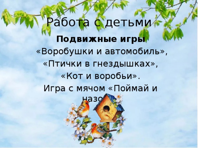 Работа с детьми Подвижные игры  «Воробушки и автомобиль», «Птички в гнездышках», «Кот и воробьи». Игра с мячом «Поймай и назови» 
