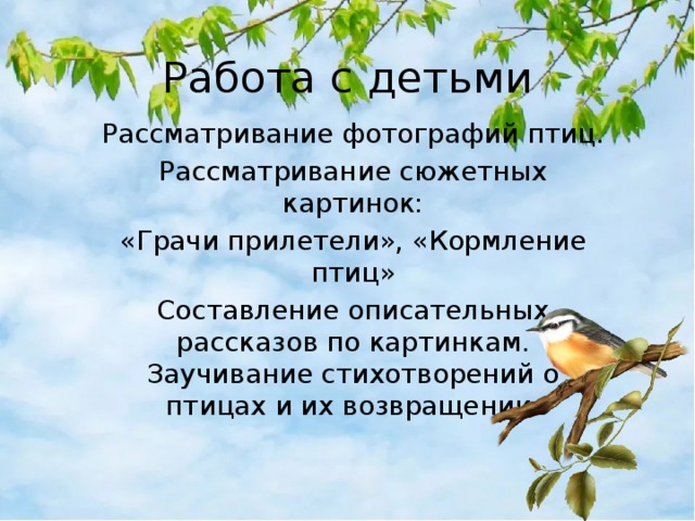 Работа с детьми Рассматривание фотографий птиц. Рассматривание сюжетных картинок: «Грачи прилетели», «Кормление птиц» Составление описательных рассказов по картинкам. Заучивание стихотворений о птицах и их возвращении. 