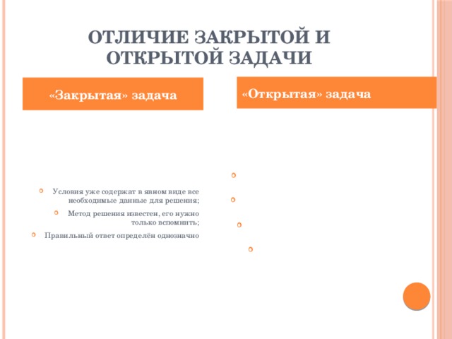 Чем отличается закрытый. Пример закрытой задачи. Открытая и закрытая задача. Чем отличаются открытые задачи от закрытых. Транспортных задач открытая и закрытая отличия.