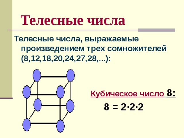 Телесные числа Телесные числа, выражаемые произведением трех сомножителей (8,12,18,20,24,27,28,...): Кубическое число  8:  8 = 2∙2∙2  