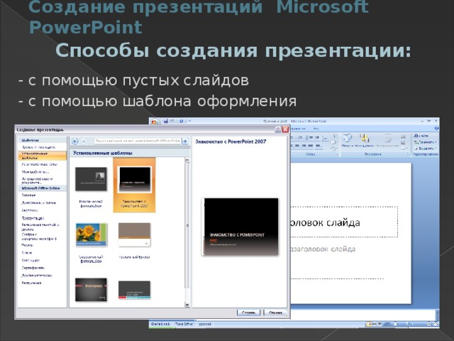 Создание презентаций Microsoft PowerPoint Способы создания презентации: - с помощью пустых слайдов - с помощью шаблона оформления 