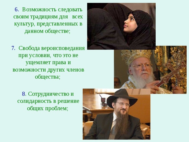  6.  Возможность следовать своим традициям для всех культур, представленных в данном обществе;  7.   Свобода вероисповедания при условии, что это не ущемляет права и возможности других членов общества;  8 . Сотрудничество и солидарность в решение общих проблем; 