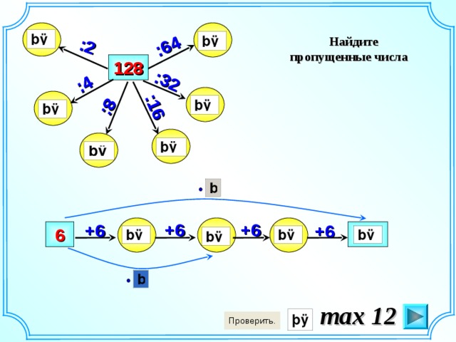 :2 :64 :32 :16 :4 :8   Найдите пропущенные числа  128     +6 +6 +6 +6 Математика. 6 класс. Виленкин Н.Я. и др. № 16.    6  max 12 4 