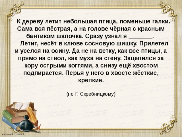  К дереву летит небольшая птица, поменьше галки. Сама вся пёстрая, а на голове чёрная с красным бантиком шапочка. Сразу узнал я _______.  Летит, несёт в клюве сосновую шишку. Прилетел и уселся на осину. Да не на ветку, как все птицы, а прямо на ствол, как муха на стену. Зацепился за кору острыми когтями, а снизу ещё хвостом подпирается. Перья у него в хвосте жёсткие, крепкие.   (по Г. Скребницкому) 