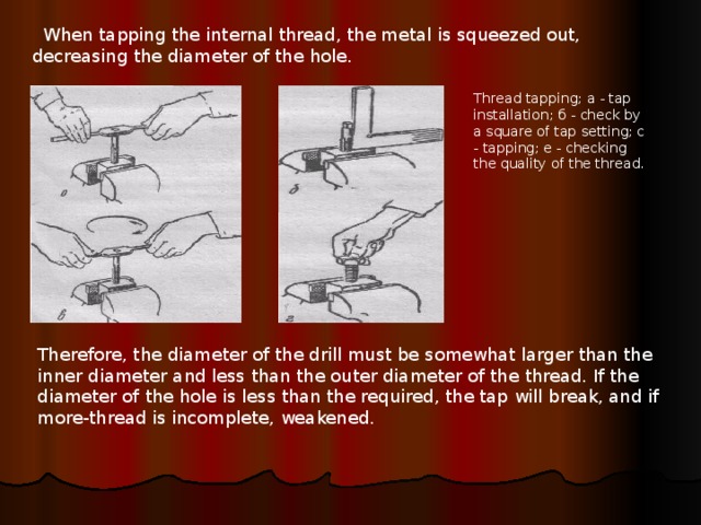  When tapping the internal thread, the metal is squeezed out, decreasing the diameter of the hole. Thread tapping; a - tap installation; б - check by a square of tap setting; c - tapping; e - checking the quality of the thread. Therefore, the diameter of the drill must be somewhat larger than the inner diameter and less than the outer diameter of the thread. If the diameter of the hole is less than the required, the tap will break, and if more-thread is incomplete, weakened. 