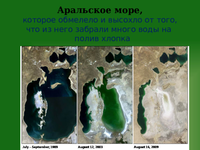 Аральское море, которое обмелело и высохло от того, что из него забрали много воды на полив хлопка