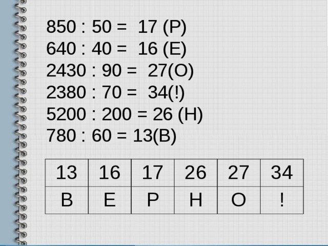 850 : 50 = 17 (Р) 640 : 40 = 16 (Е) 2430 : 90 = 27(О) 2380 : 70 = 34(!) 5200 : 200 = 26 (Н) 780 : 60 = 13(В) 13 В 16 Е 17 26 Р 27 Н О 34 ! 
