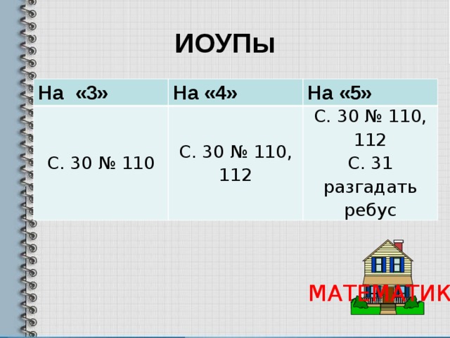 ИОУПы На «3» На «4» С. 30 № 110 На «5» С. 30 № 110, 112 С. 30 № 110, 112 С. 31 разгадать ребус МАТЕМАТИКА 