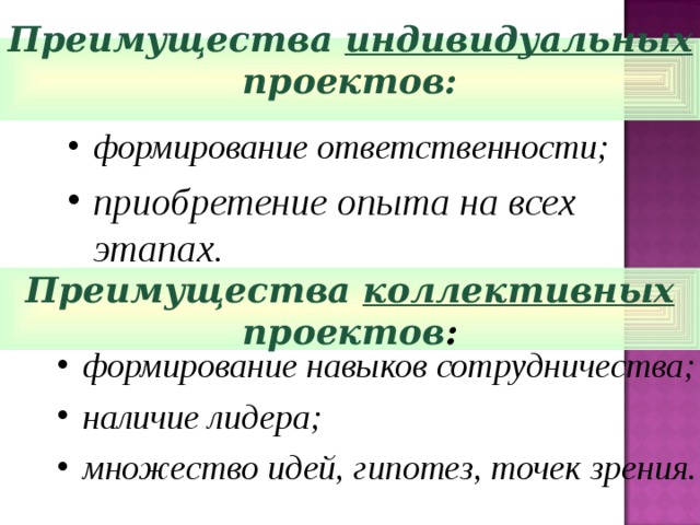 Укажите преимущество индивидуальных проектов автор проекта