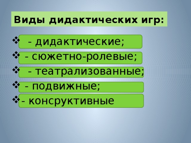 Виды дидактических игр:  - дидактические;  - сюжетно-ролевые;  - театрализованные;  - подвижные; - консруктивные 