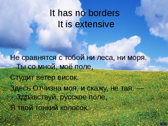 It has no borders  It is extensive Не сравнятся с тобой ни леса, ни моря. Ты со мной, моё поле, Студит ветер висок. Здесь Отчизна моя, и скажу, не тая: — Здравствуй, русское поле, Я твой тонкий колосок. 