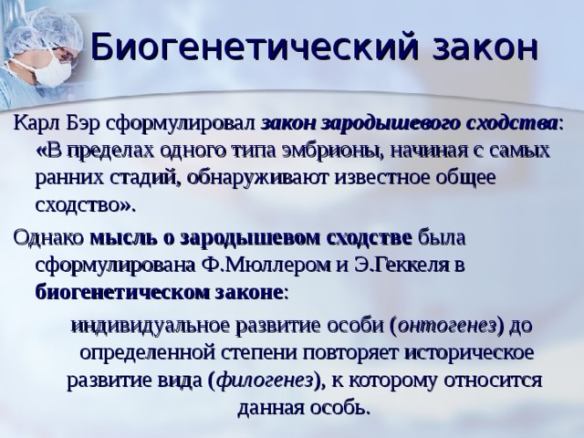 Биогенетический закон Карл Бэр сформулировал закон зародышевого сходства : «В пределах одного типа эмбрионы, начиная с самых ранних стадий, обнаруживают известное общее сходство». Однако мысль о  зародышевом сходстве была сформулирована Ф.Мюллером и Э.Геккеля в биогенетическом законе :  индивидуальное развитие особи ( онтогенез ) до определенной степени повторяет историческое развитие вида ( филогенез ), к которому относится данная особь. 