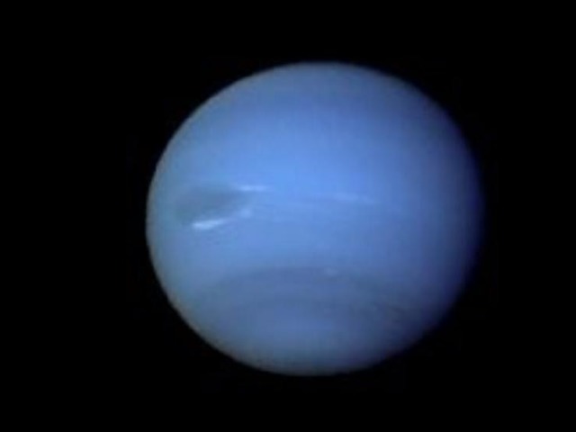 Neptune *Neptune is usually the 8th planet from the sun. Its orbit intersects with that of Pluto so occasionally it is the most distant planet *It is usually 30 AU from the sun *It orbits the sun over 165 years *It rotates about its axis over 16 hours *It masses 17x that of the Earth *Its radius is 3,88 x that of the Earth *It has a ring system and 8 known moons; 7 small ones and Triton. *It is named after the god of the sea *Neptune's blue color is largely the result of absorption of red light by methane in the atmosphere but there is some additional as-yet-unidentified chromophore which gives the clouds their rich blue tint. *Neptune has been visited by Voyager 2 and observed by the Hubble Space Telescope *Neptune's Great Dark Spot disappeared 