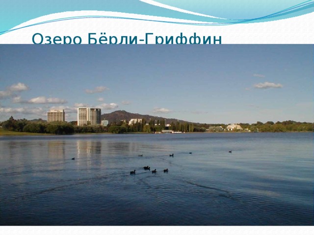 Озеро Бёрли-Гриффин   Принято вести отчет истории существования озера Берли-Гриффин с 1908 года, когда было принято решение о присуждении городу Канберра статуса столицы. Власти объявили конкурс, победителем которого стал Уолтер Берли Гриффин. Именно этот человек и начал преображать столицу. В проекте архитектора было предусмотрено создание в самом центре города огромного водоема, включающего в себя несколько бассейнов. Несмотря на то, что власти не сразу одобрили проект Гриффина и плановые работы велись в течение нескольких лет, озеро Берли-Гриффин всё же было окончательно доработано в 1960 году.   