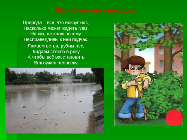 Жалобная книга природы  Природа – всё, что вокруг нас,  Насколько может видеть глаз,  Но мы, не знаю почему.  Несправедливы к ней подчас.  Ломаем ветви, рубим лес,  Кидаем стёкла в реку  А чтобы всё восстановить  Век нужен человеку. 