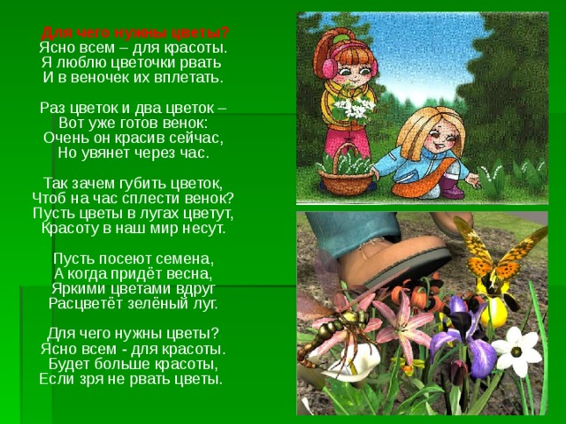  Для чего нужны цветы?  Ясно всем – для красоты.  Я люблю цветочки рвать  И в веночек их вплетать.   Раз цветок и два цветок –  Вот уже готов венок:  Очень он красив сейчас,  Но увянет через час.   Так зачем губить цветок,  Чтоб на час сплести венок?  Пусть цветы в лугах цветут,  Красоту в наш мир несут.   Пусть посеют семена,  А когда придёт весна,  Яркими цветами вдруг  Расцветёт зелёный луг.   Для чего нужны цветы?  Ясно всем - для красоты.  Будет больше красоты,  Если зря не рвать цветы. 