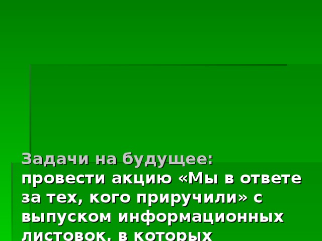            Задачи на будущее:  провести акцию «Мы в ответе за тех, кого приручили» с выпуском информационных листовок, в которых привлекается внимание к проблеме бездомных животных. 
