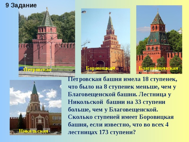 9 Задание  Благовещенская Боровицка я Петровская Петровская башня имела 18 ступенек, что было на 8 ступенек меньше, чем у Благовещенской башни. Лестница у Никольской башни на 33 ступени больше, чем у Благовещенской. Сколько ступеней имеет Боровицкая башня, если известно, что во всех 4 лестницах 173 ступени? Никольская 