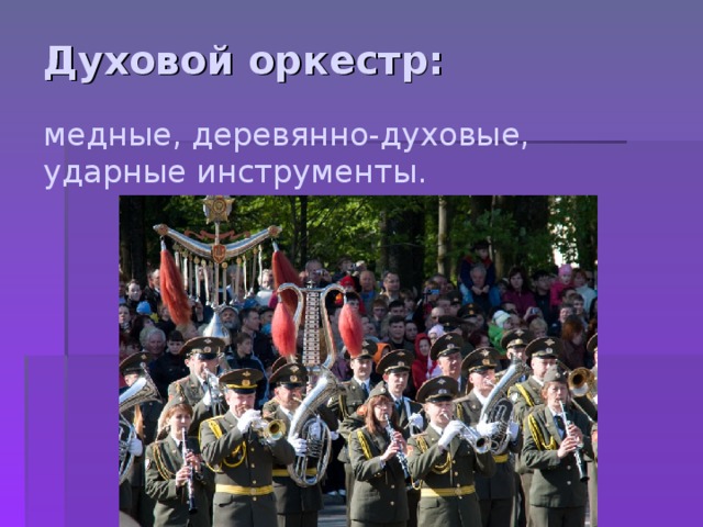 Духовой оркестр:   медные, деревянно-духовые, ударные инструменты. 