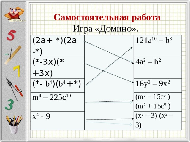 Самостоятельная работа Игра «Домино». (2a+ *)(2а -*) (*-3х)(* +3х) 121a 10 – b 8 (*- b 4 )( b 4 +*) 4a 2 – b 2 m 4 – 225c 10 16y 2 – 9x 2 x 4 - 9 (m 2 – 15c 5 ) (m 2 + 15c 5 ) (x 2 – 3) (x 2 – 3)