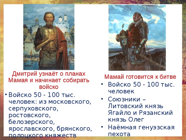 Дмитрий узнаёт о планах Мамая и начинает собирать войско Войско 50 - 100 тыс. человек: из московского, серпуховского, ростовского, белозерского, ярославского, брянского, полоцкого княжеств Мамай готовится к битве Войско 50 - 100 тыс. человек Союзники – Литовский князь Ягайло и Рязанский князь Олег Наёмная генуэзская пехота 