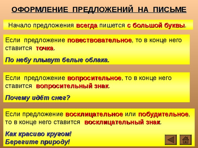 ОФОРМЛЕНИЕ ПРЕДЛОЖЕНИЙ НА ПИСЬМЕ Начало предложения всегда пишется с большой буквы .  Если предложение повествовательное , то в конце него ставится точка . По небу плывут белые облака. Если предложение вопросительное , то в конце него ставится вопросительный знак . Почему идёт снег? Если предложение восклицательное или побудительное , то в конце него ставится восклицательный знак . Как красиво кругом! Берегите природу! 