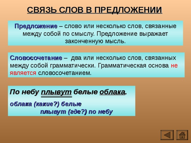 СВЯЗЬ СЛОВ В ПРЕДЛОЖЕНИИ Предложение – слово или несколько слов, связанные между собой по смыслу. Предложение выражает законченную мысль. Словосочетание – два или несколько слов, связанных между собой грамматически. Грамматическая основа не является словосочетанием. По небу плывут белые облака . облака (какие?) белые плывут (где?) по небу 