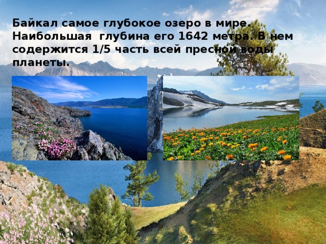Байкал самое глубокое озеро в мире. Наибольшая глубина его 1642 метра. В нем содержится 1∕5 часть всей пресной воды планеты. 