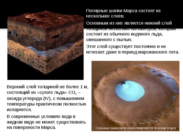 Полярные шапки Марса состоят из нескольких слоев. Основным из них является нижний слой толщиной несколько километров, который состоит из обычного водяного льда, смешанного с пылью. Этот слой существует постоянно и не исчезает даже в период марсианского лета. Верхний слой толщиной не более 1 м, состоящий из «сухого льда» СO 2 – оксида углерода (IV), с повышением температуры практически полностью испаряется. В современных условиях вода в жидком виде не может существовать на поверхности Марса. Сезонные замерзшие озера появляются по всему Марсу 